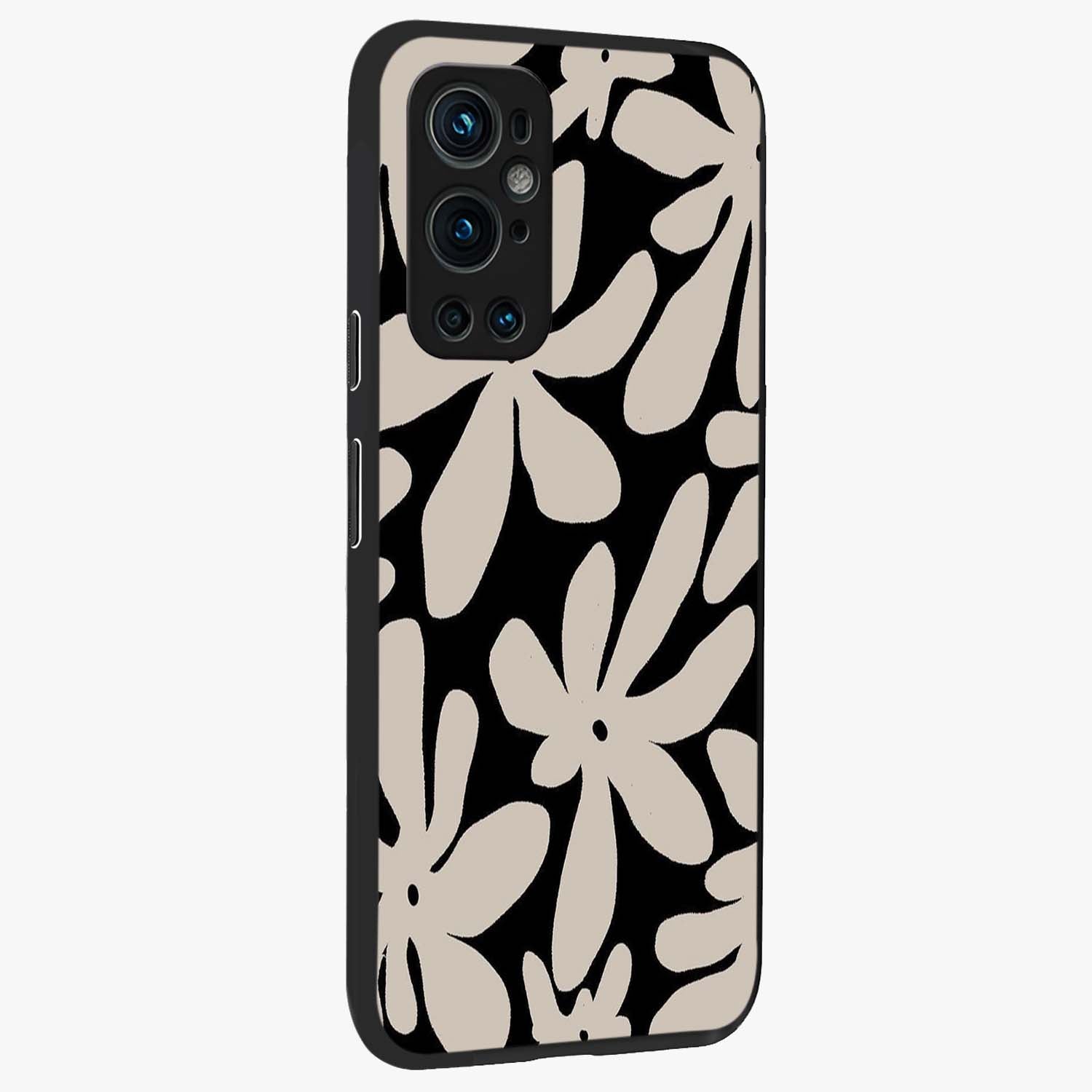 Monochrome Petal Dance Glass Case upright view showcasing artistic floral pattern with stylish monochrome theme.