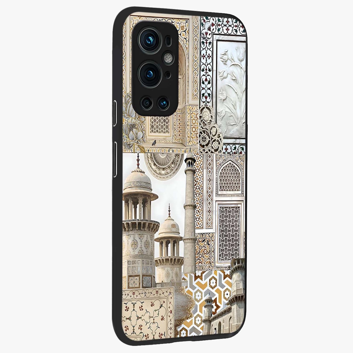 Mughal Marble Legacy Glass Case upright view showcasing ornate Mughal design with luxurious traditional theme.