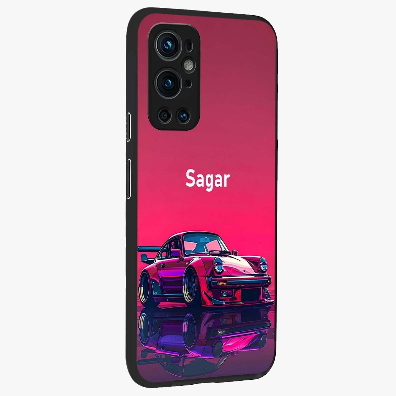 Neon Pink Porsche Glass Case upright view showcasing vibrant sports car artwork with bold automotive theme.