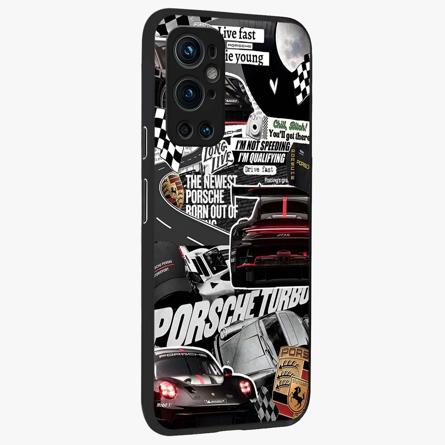 Porsche Racing Collage Glass Case upright view showcasing energetic car collage artwork with high speed racing theme.