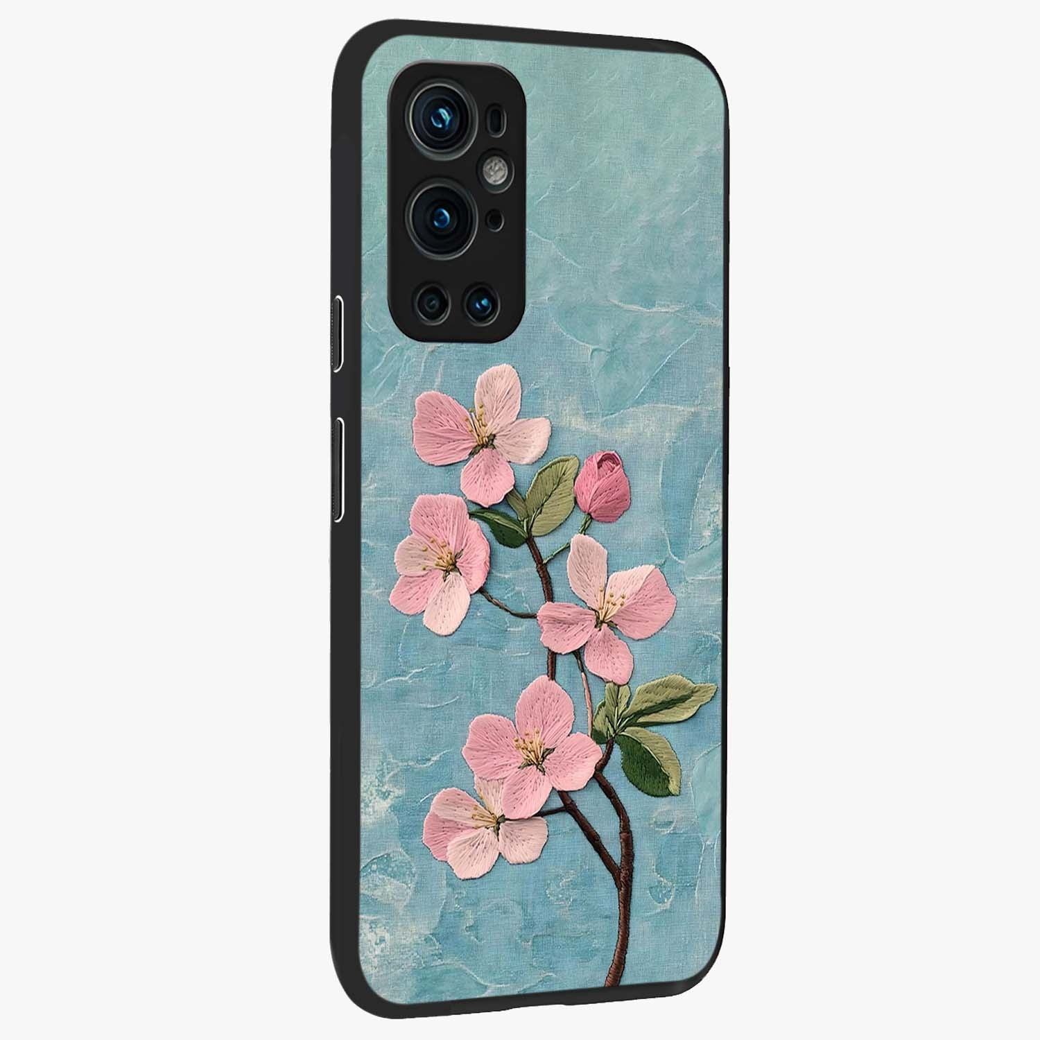 Threaded Blossom Breeze Glass Case upright view showcasing graceful flower artwork with calm botanical theme.