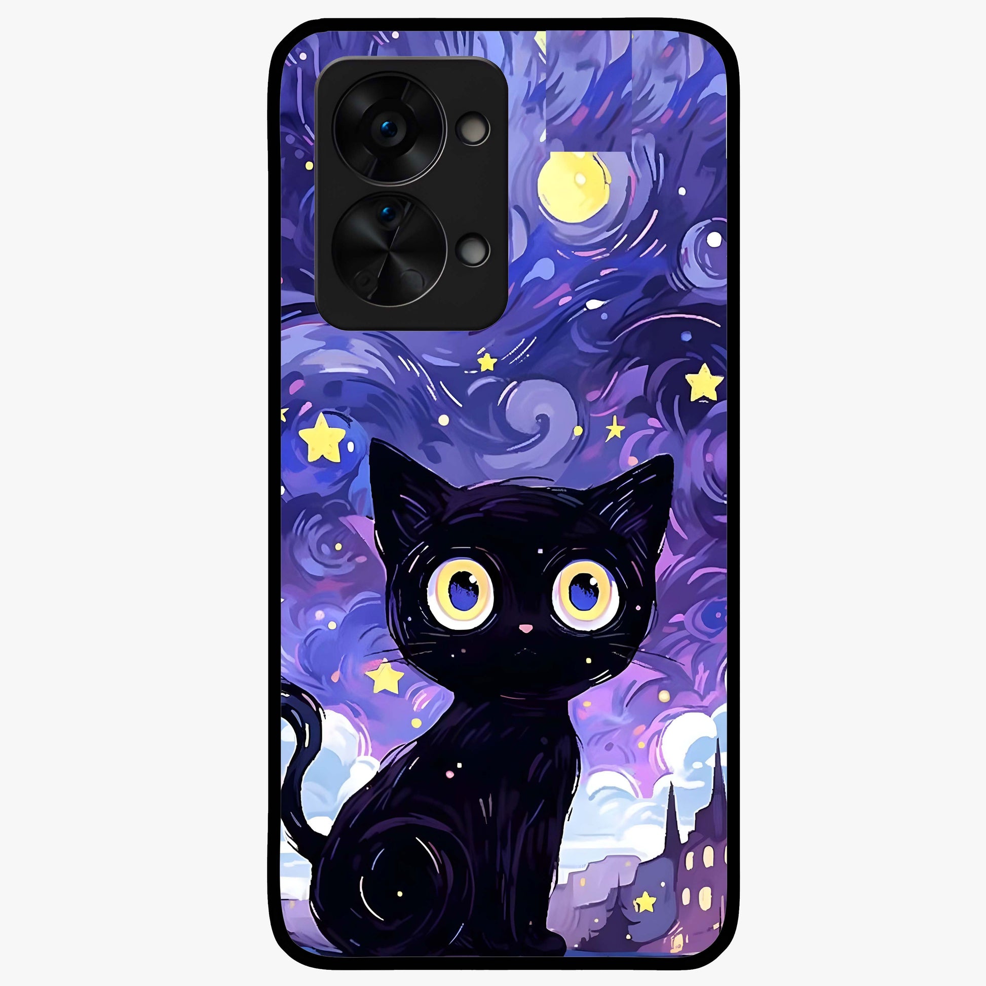 Abstract Cat Art Glass Case for 1+Nord 2T vibrant front view featuring modern artistic cat illustration