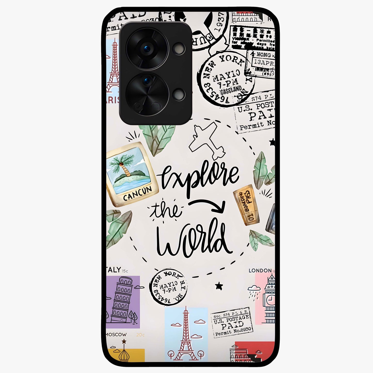 Adventure Awaits Art Glass Case for 1+Nord 2T front view featuring bold travel inspired typography artwork