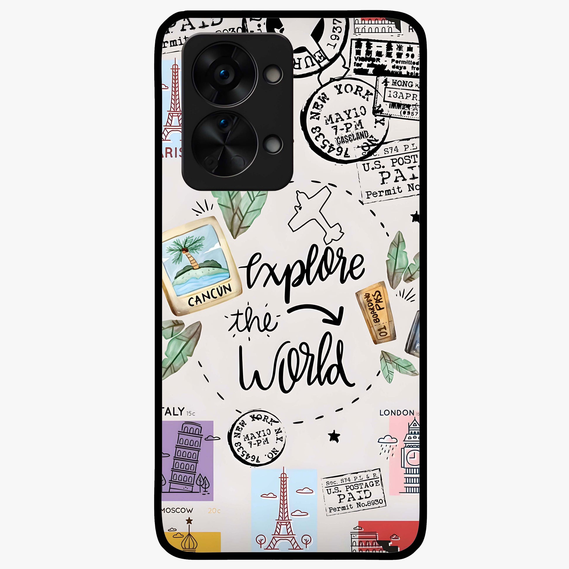 Adventure Awaits Art Glass Case for 1+Nord 2T front view featuring bold travel inspired typography artwork