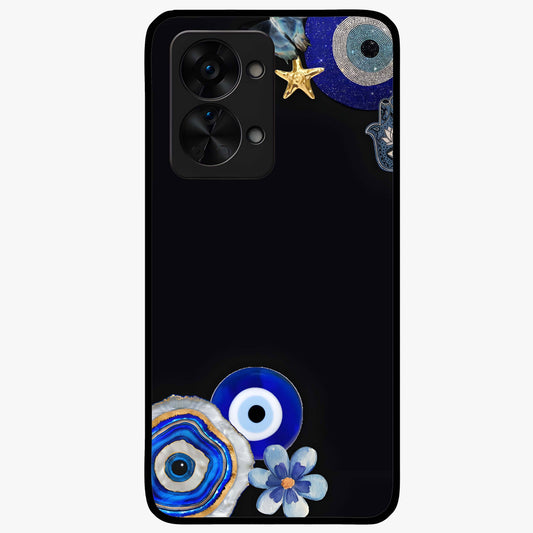 Aesthetic Blue Evil Eye Glass Case for 1+Nord 2T front view featuring vibrant traditional evil eye artwork