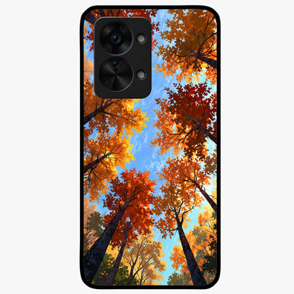 Amber Canopy Glow Glass Case for 1+Nord 2T warm front view featuring glowing forest canopy artwork