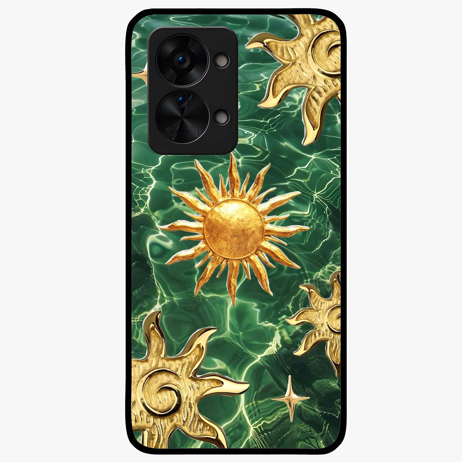 Aqua Sun Mirage Glass Case for 1+Nord 2T vibrant front view featuring aqua blue sun inspired artwork