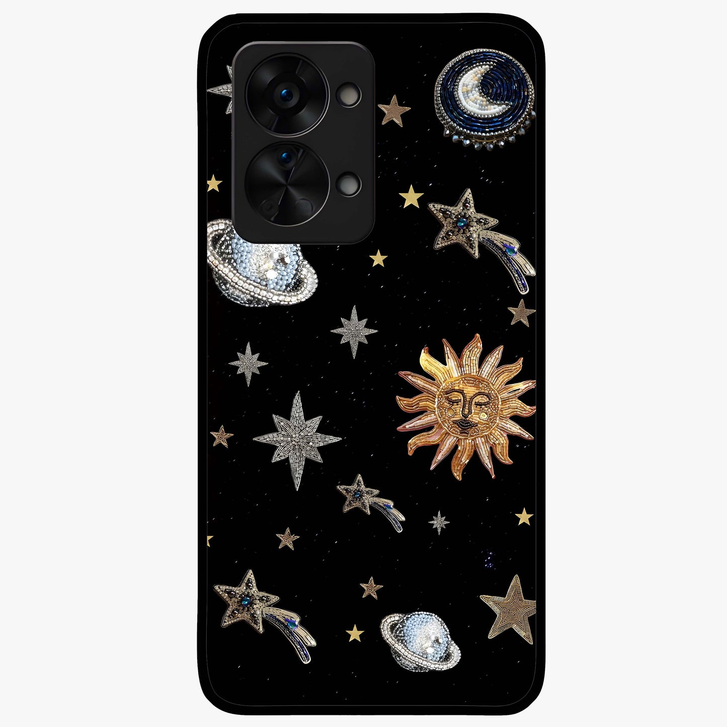 Beaded Cosmic Dreams Glass Case for 1+Nord 2T front view featuring celestial bead inspired cosmic artwork