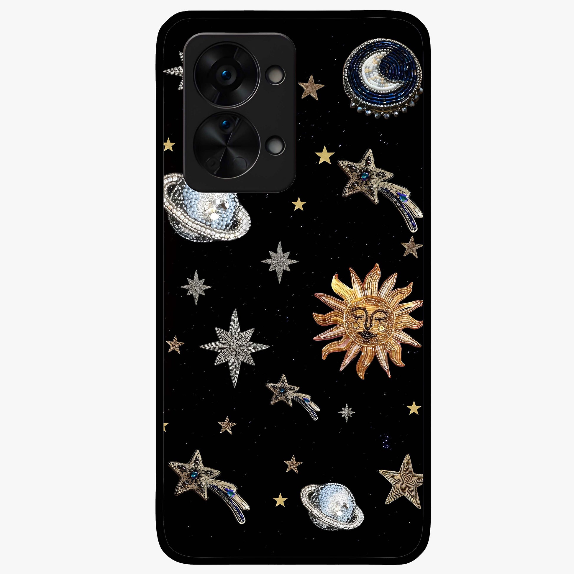 Beaded Cosmic Dreams Glass Case for 1+Nord 2T front view featuring celestial bead inspired cosmic artwork