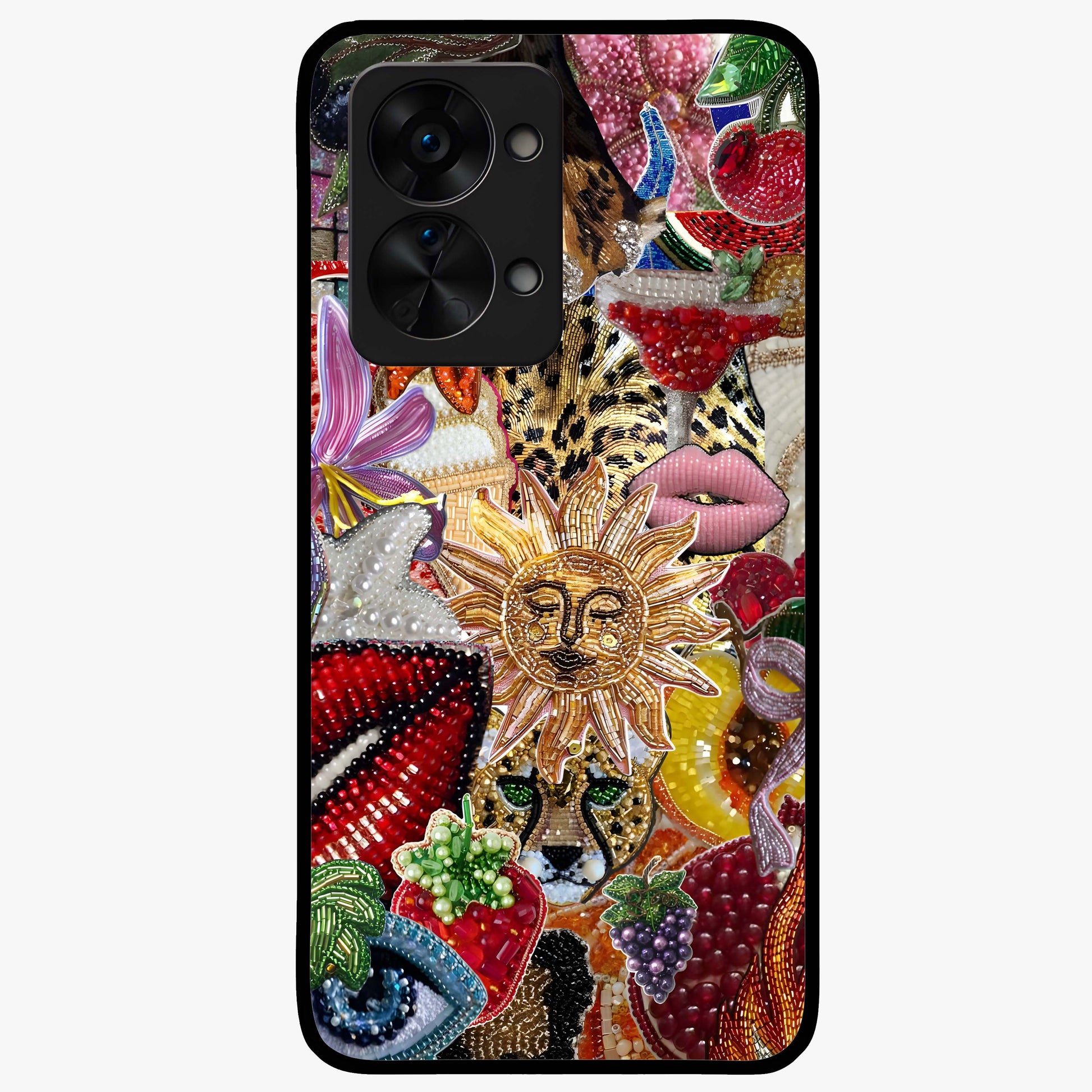Beaded Fashion Jungle Glass Case for 1+Nord 2T bold front view featuring beaded jungle themed artwork