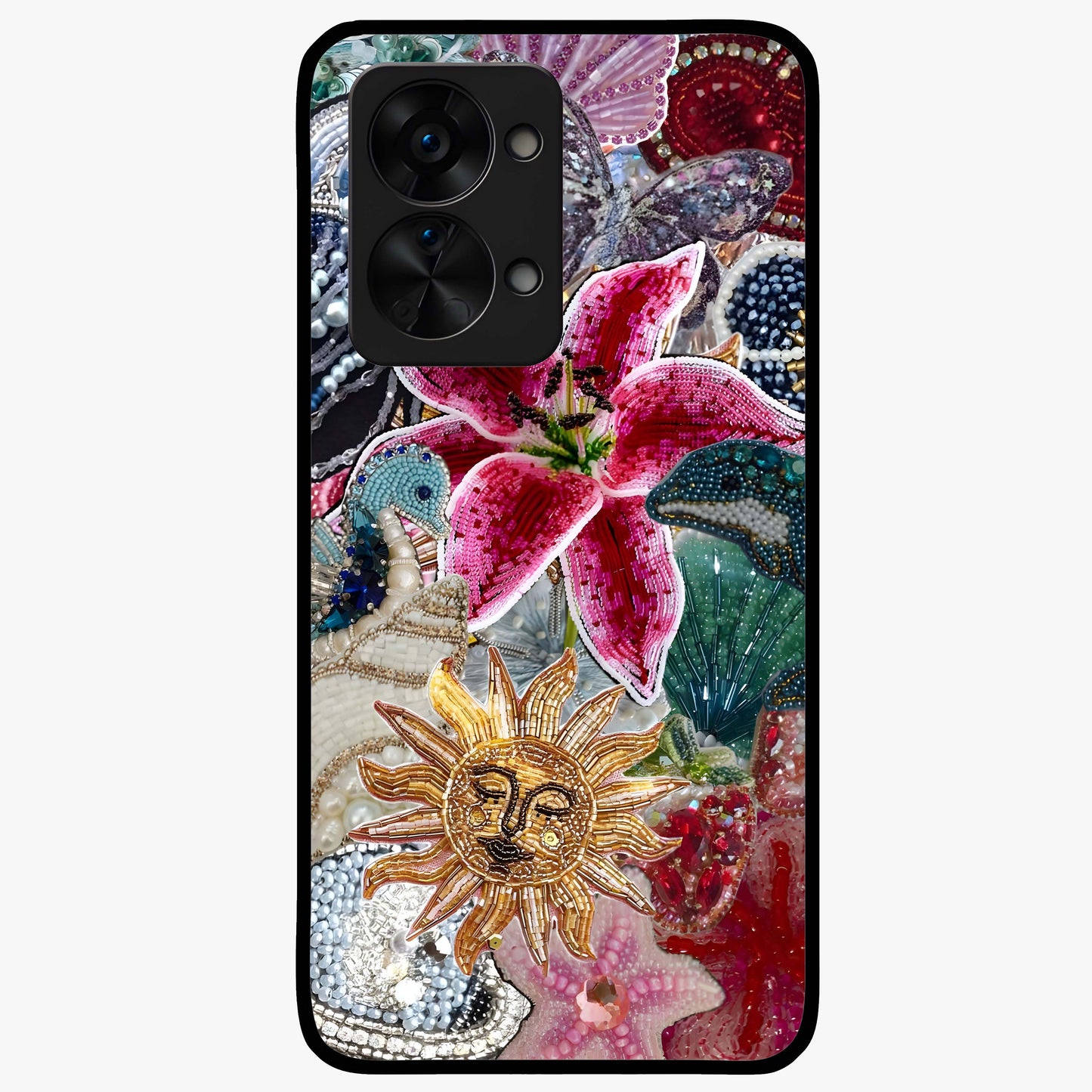 Beaded Garden Fantasy Glass Case for 1+Nord 2T front view featuring colorful beaded floral garden artwork