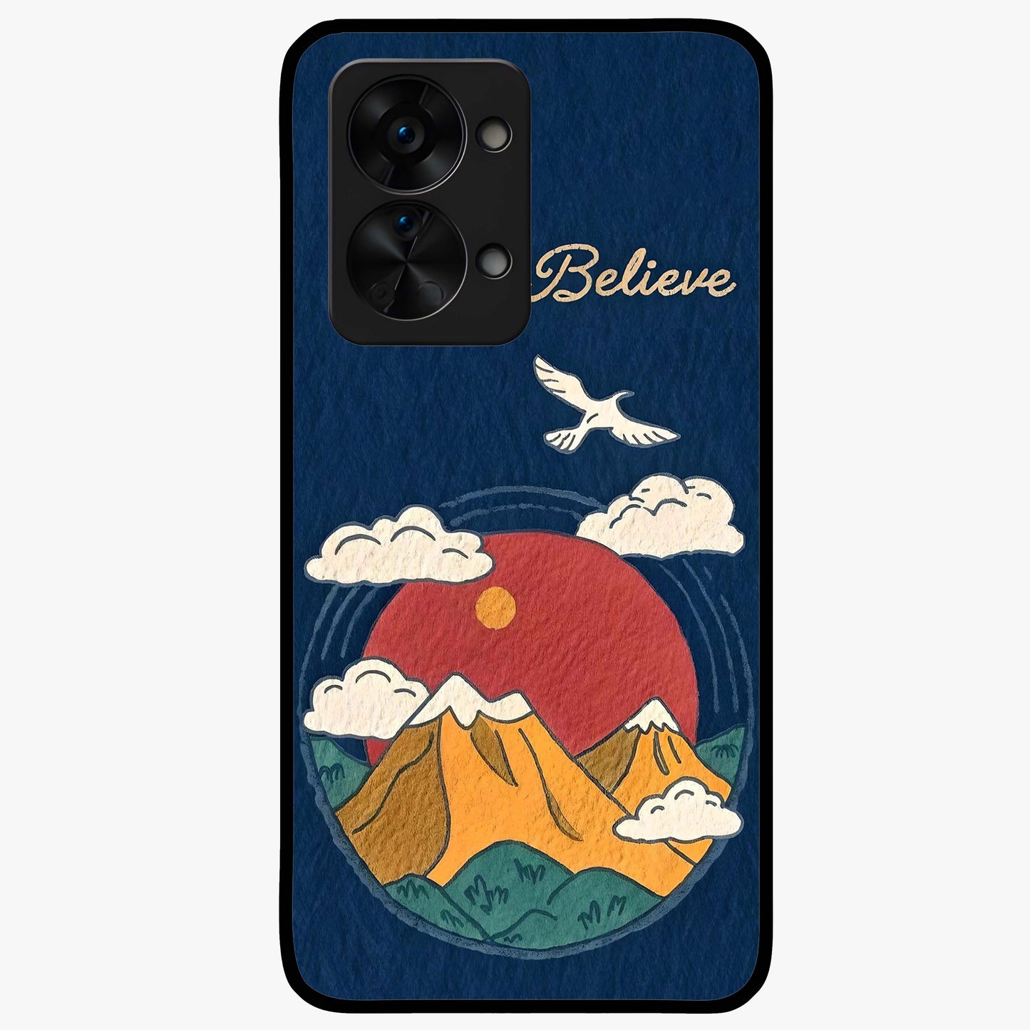 Believe Sky Escape Glass Case for 1+Nord 2T inspirational front view featuring sky inspired artwork with uplifting message