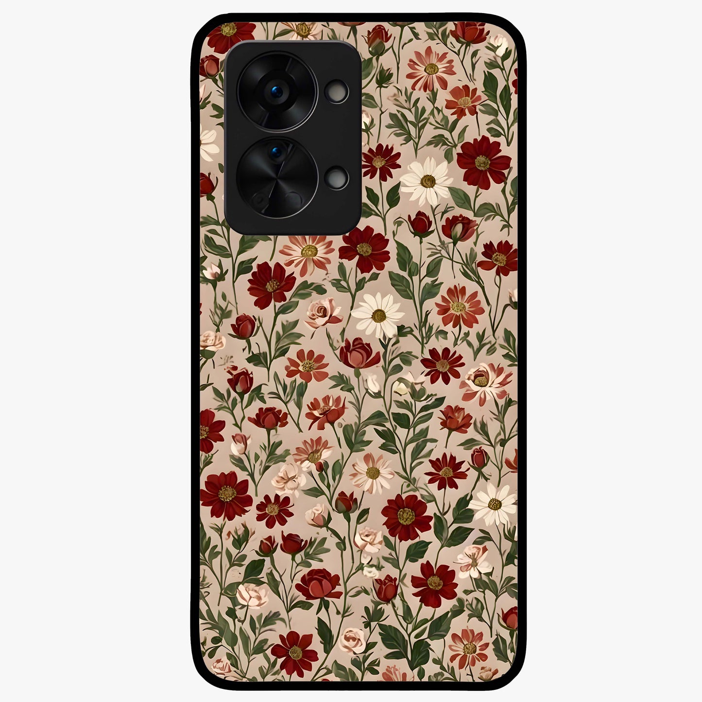 Biege Flower With Leaf Glass Case for 1+Nord 2T front view featuring soft beige floral artwork with leaf detailing