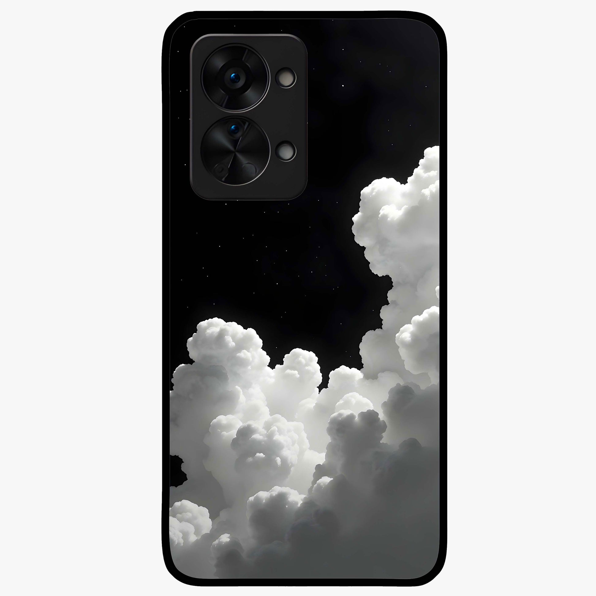 Black Background With White Cloud Glass Case for 1+Nord 2T striking front view featuring white cloud artwork on deep black backdrop