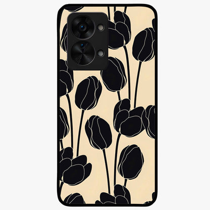 Black Designer Tulip Glass Case for 1+Nord 2T elegant front view featuring refined tulip artwork on black background