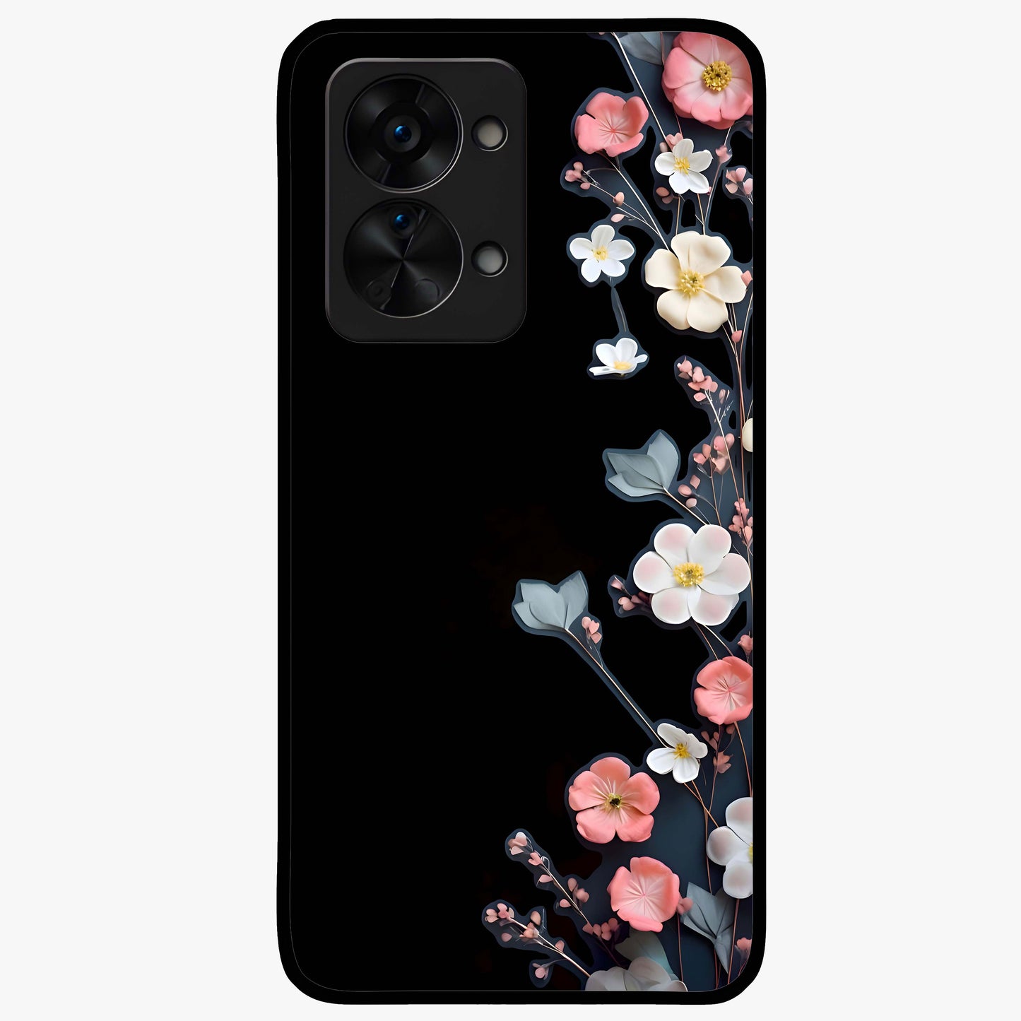 Black Elegance Floral Custom Name Glass Case for 1+Nord 2T luxurious front view featuring floral artwork with personalized name design