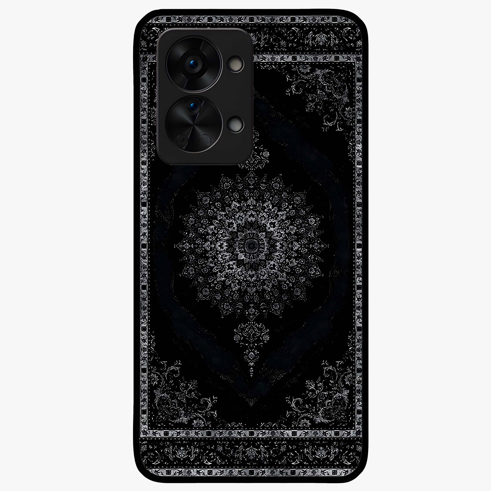 Black Persian Carpet Glass Case for 1+Nord 2T rich front view featuring intricate Persian carpet pattern artwork