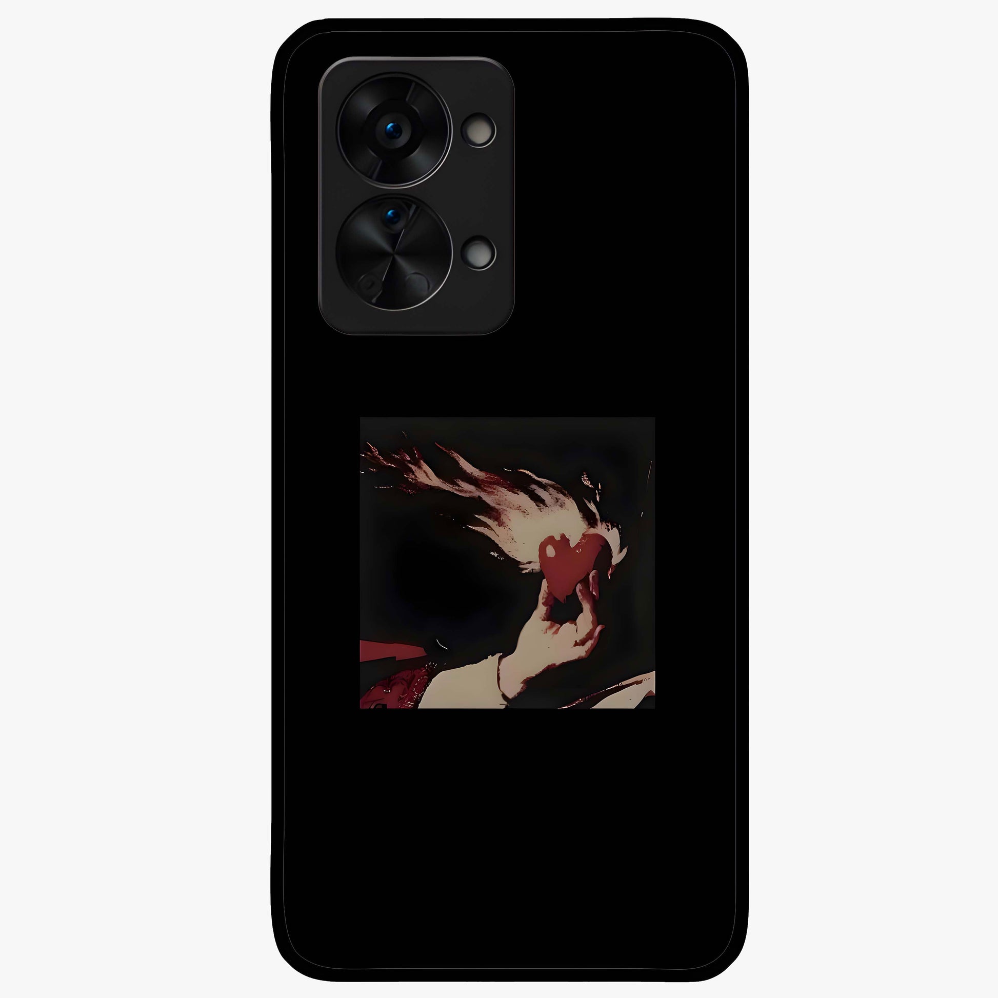 Blazing Heart Faith Glass Case for 1+Nord 2T showing full back design in clean flat view with fiery heart artwork and glossy glass finish.