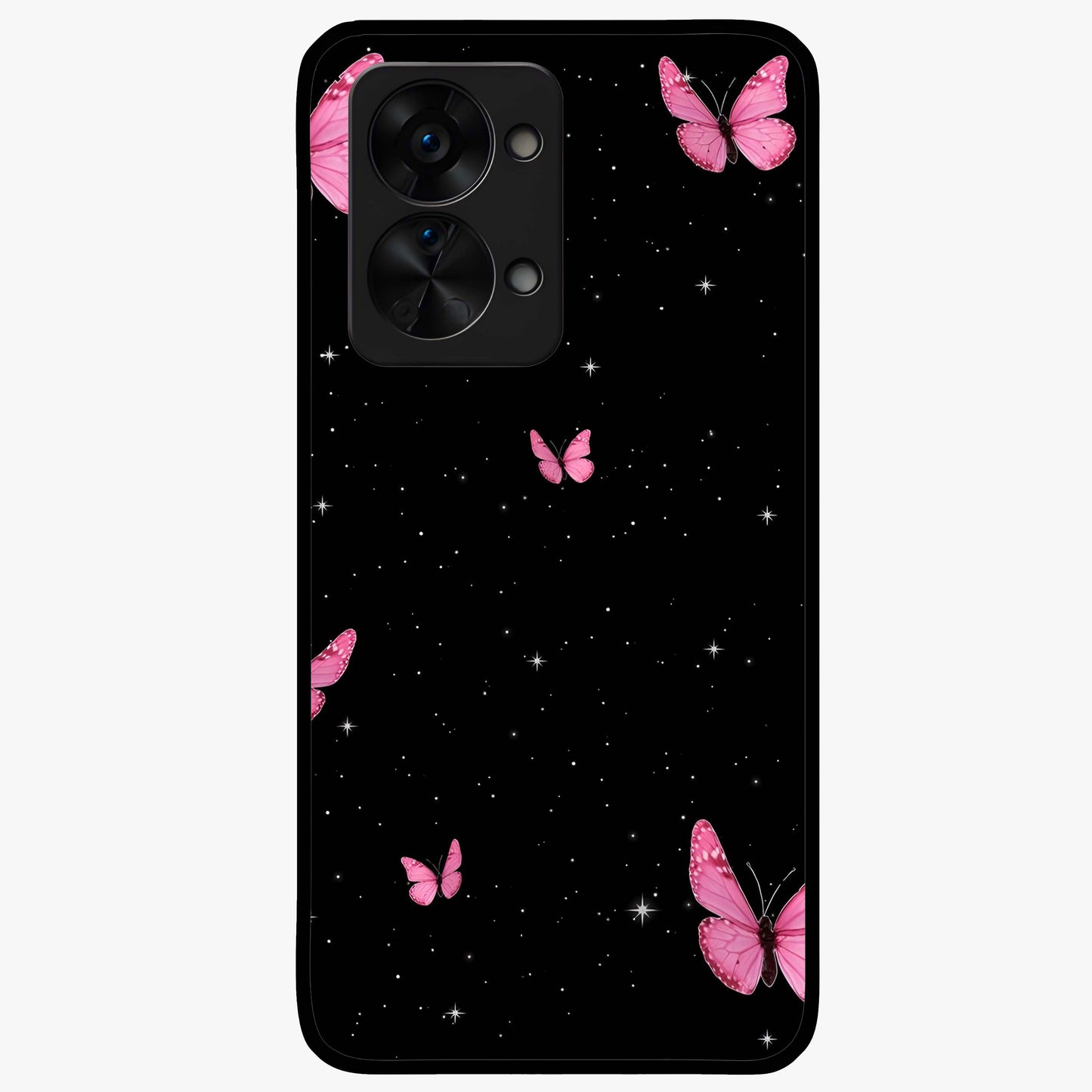 Blinking Butterfly Glass Case for 1+Nord 2T showing full back design in clean flat view with delicate butterfly artwork and glossy glass finish.