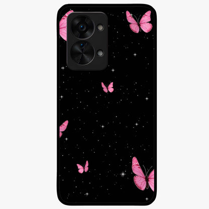 Blinking Butterfly Glass Case for 1+Nord 2T showing full back design in clean flat view with delicate butterfly artwork and glossy glass finish.