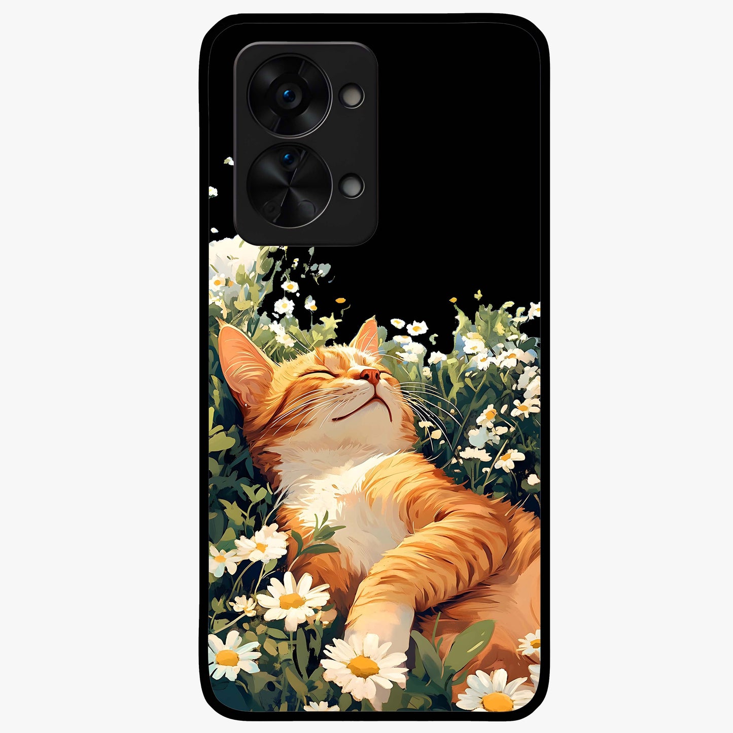 Blissful Bloom Cat Glass Case for 1+Nord 2T charming front view featuring floral cat artwork with soft aesthetic tones