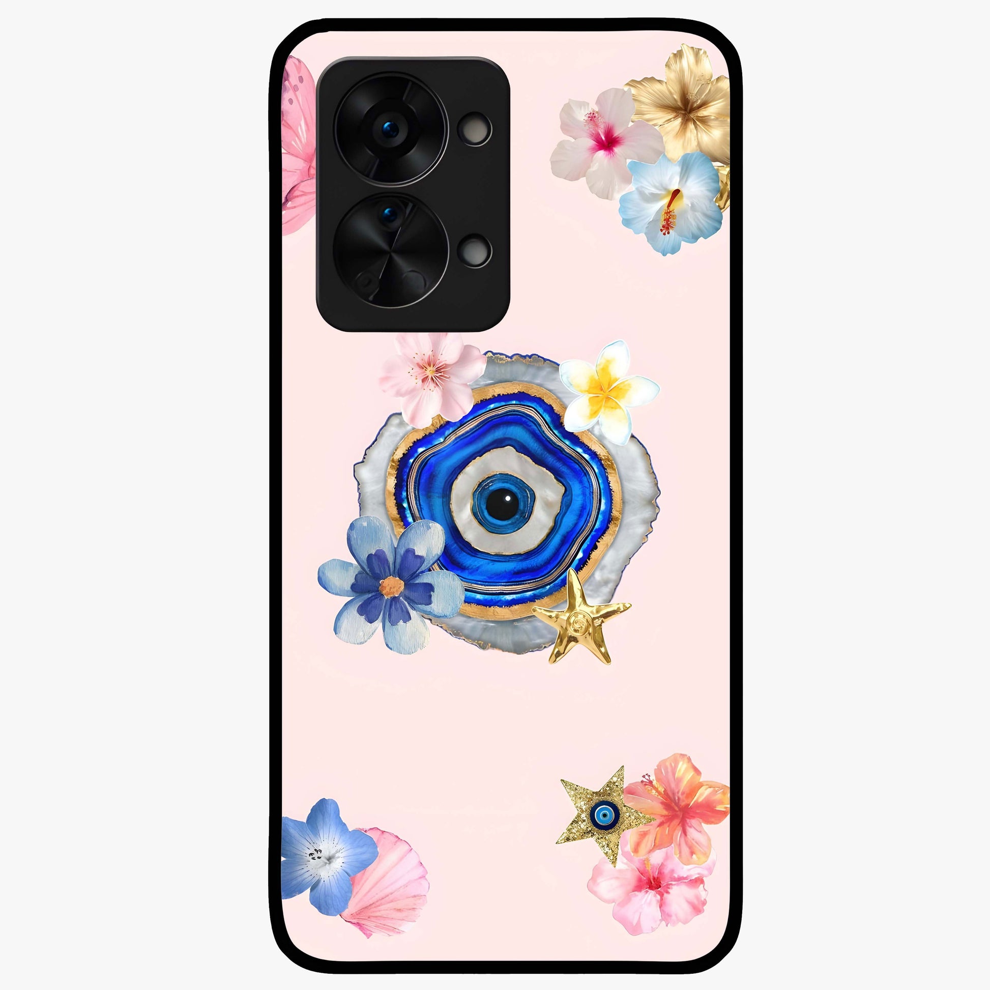 Blossom Evil Charm Glass Case for 1+Nord 2T elegant front view featuring floral evil eye inspired artwork