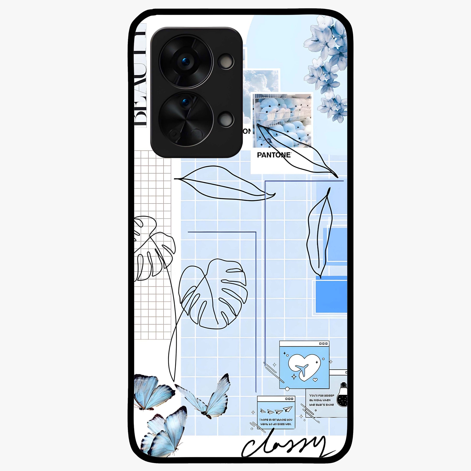 Blue Aesthetic Flower Glass Case for 1+Nord 2T elegant front view featuring soft blue floral artwork