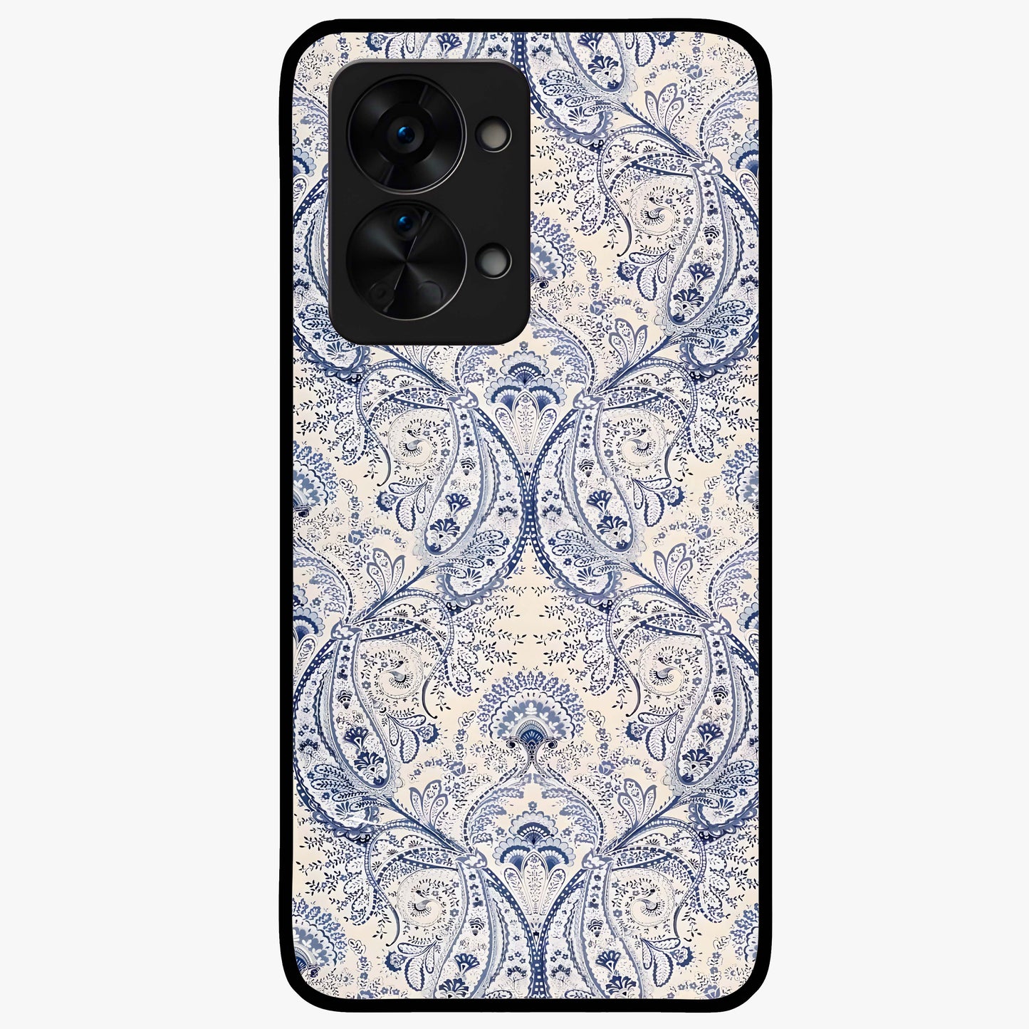 Blue Paisley Bloom Glass Case for 1+Nord 2T intricate front view featuring paisley floral artwork in rich blue tones