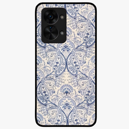 Blue Paisley Bloom Glass Case for 1+Nord 2T intricate front view featuring paisley floral artwork in rich blue tones