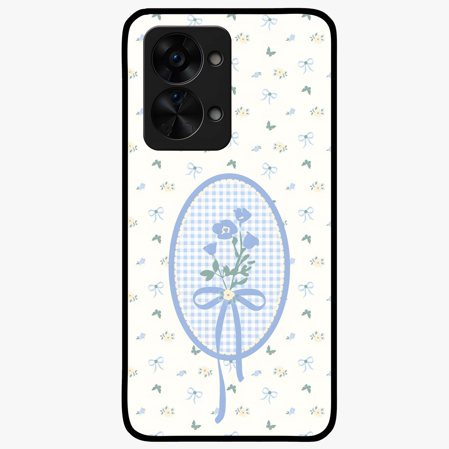 Blue Ribbon Bloom Glass Case for 1+Nord 2T elegant front view featuring soft floral artwork with ribbon accents
