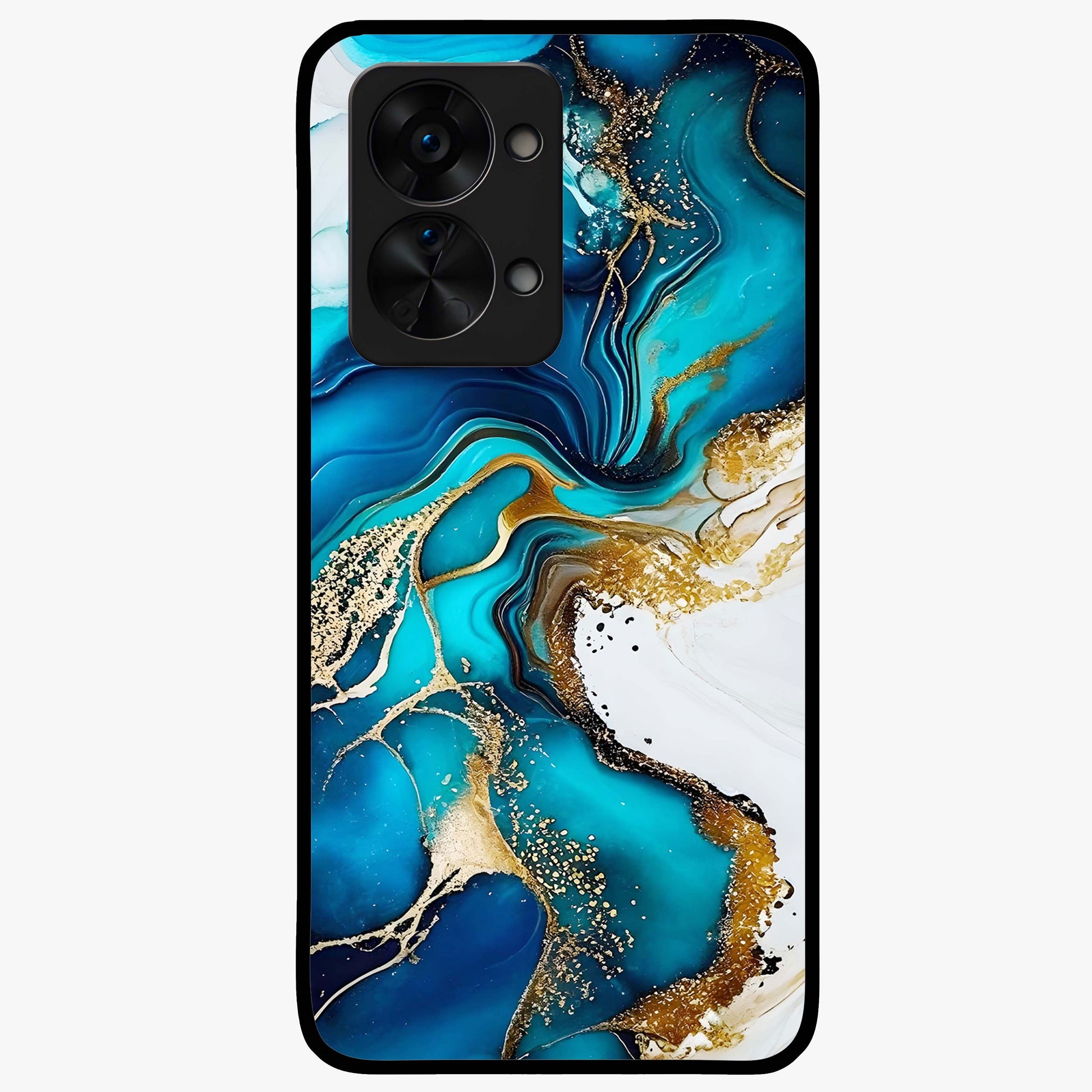 Blue and White Marble With Golden Viens Art Glass Case for 1+Nord 2T luxurious front view featuring marble texture with golden vein detailing