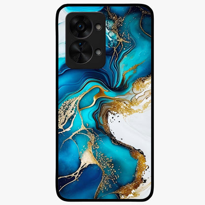 Blue and White Marble With Golden Viens Art Glass Case for 1+Nord 2T luxurious front view featuring marble texture with golden vein detailing