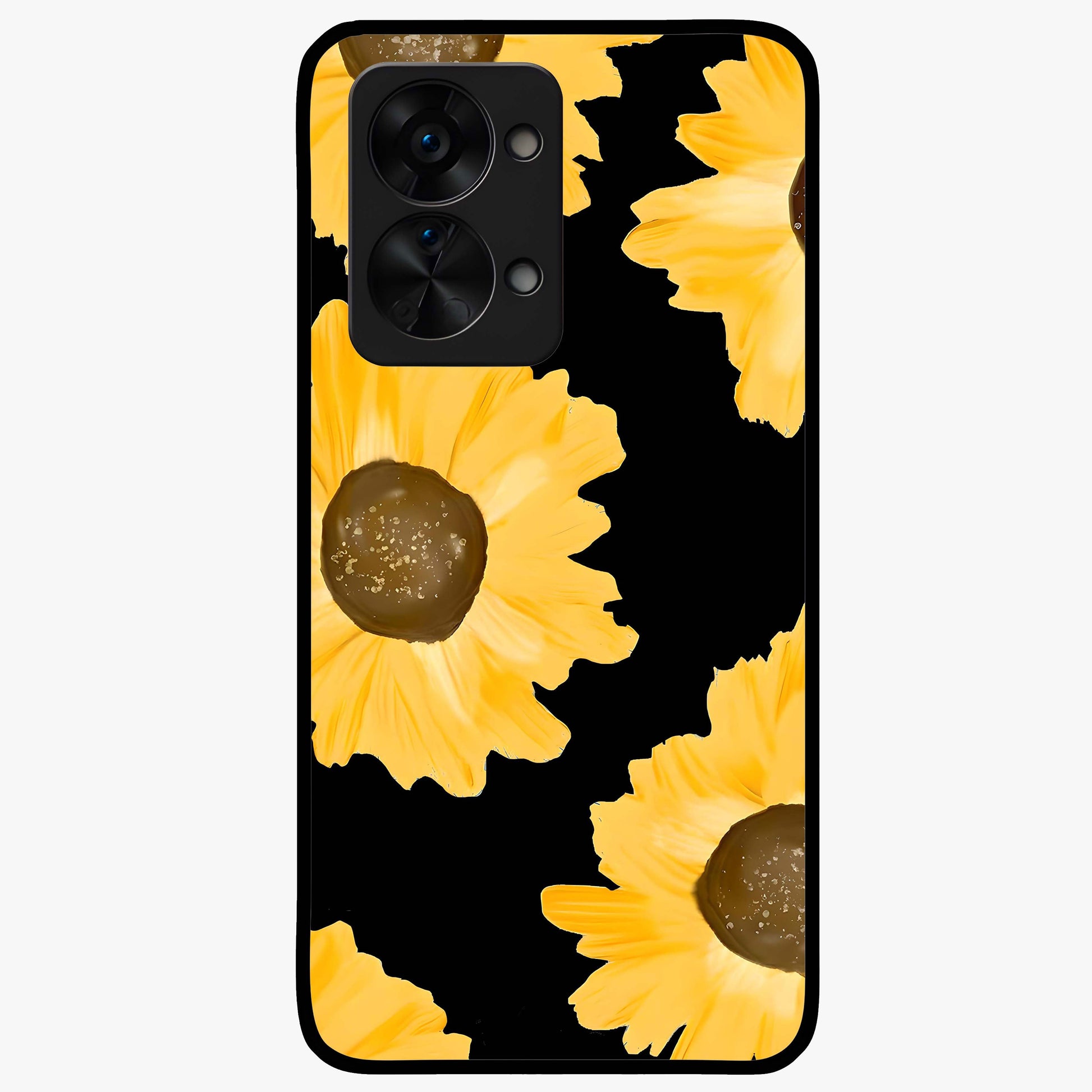 Bold Sunflowers Glow Glass Case for 1+Nord 2T vibrant front view featuring radiant sunflower artwork with warm golden tones