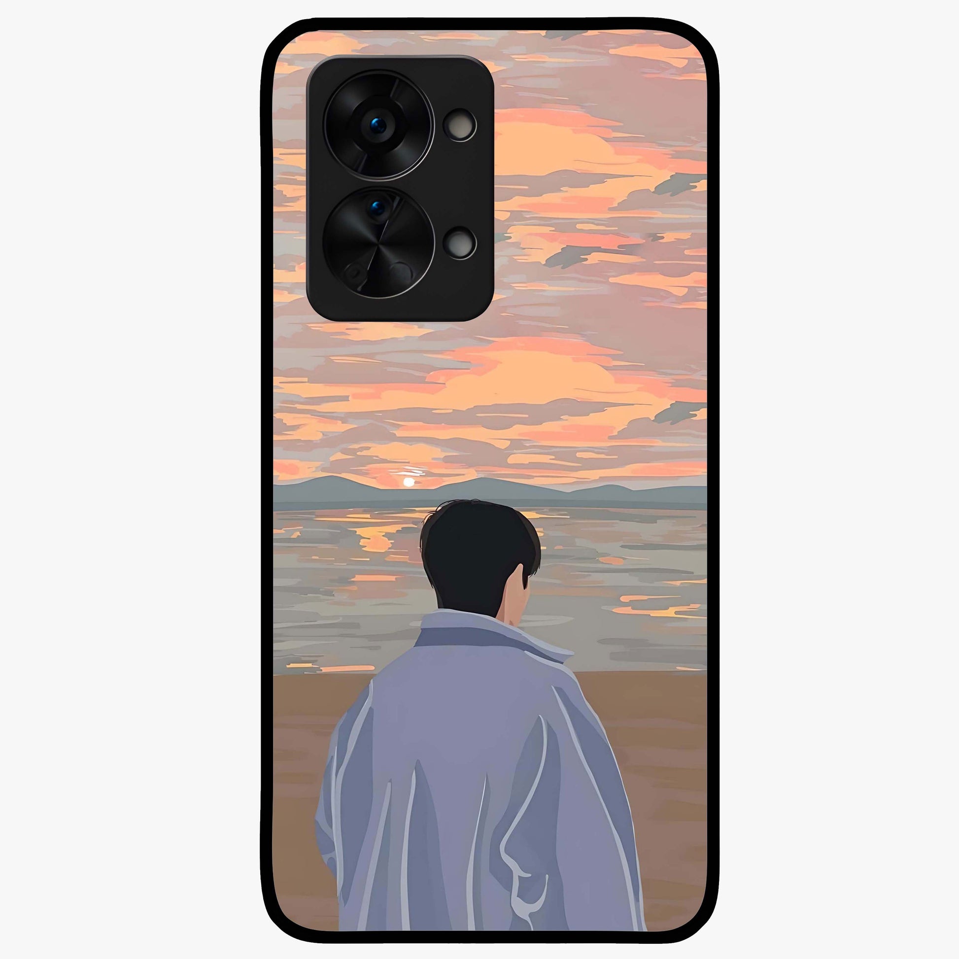 Boy Facing Sunset Beach Glass Case for 1+Nord 2T scenic front view featuring silhouette artwork against glowing sunset sky