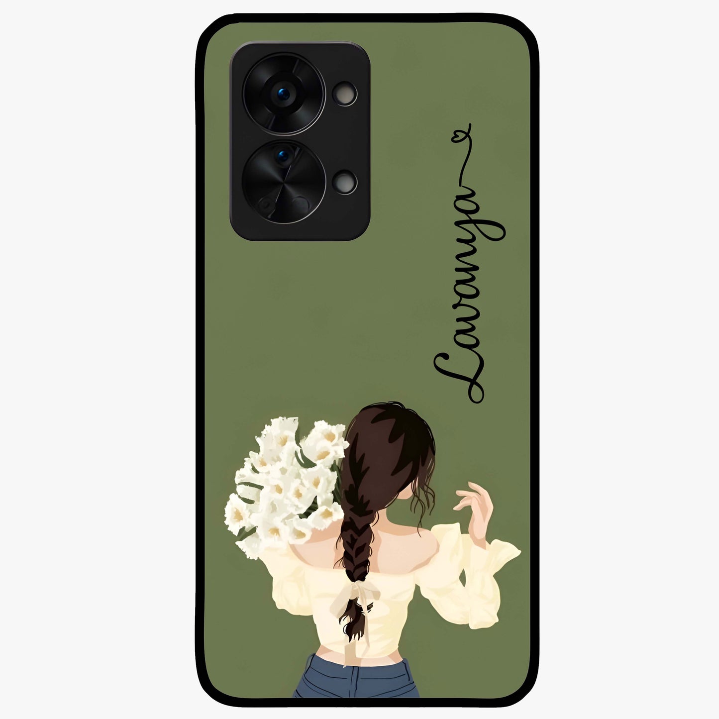 Braided Spring Beauty With Custom Name Glass Case for 1+Nord 2T elegant front view featuring braided floral artwork with personalized name design