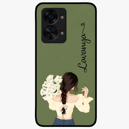 Braided Spring Beauty With Custom Name Glass Case for 1+Nord 2T elegant front view featuring braided floral artwork with personalized name design
