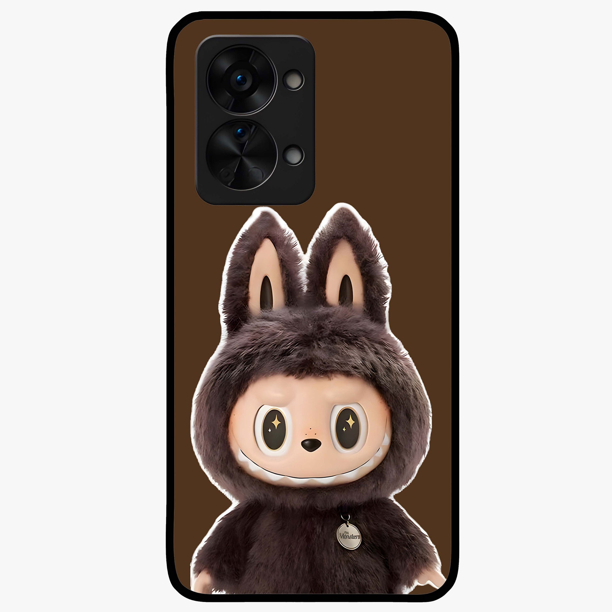 Brown Labubu Design Glass Case for 1+Nord 2T cute front view featuring playful Labubu character artwork in warm brown tones