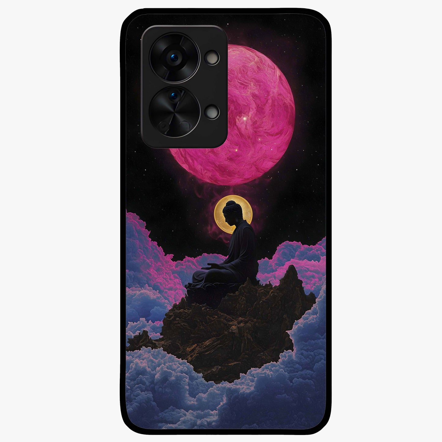 Buddha and Planets Glass Case for 1+Nord 2T serene front view featuring Buddha artwork with cosmic planetary background