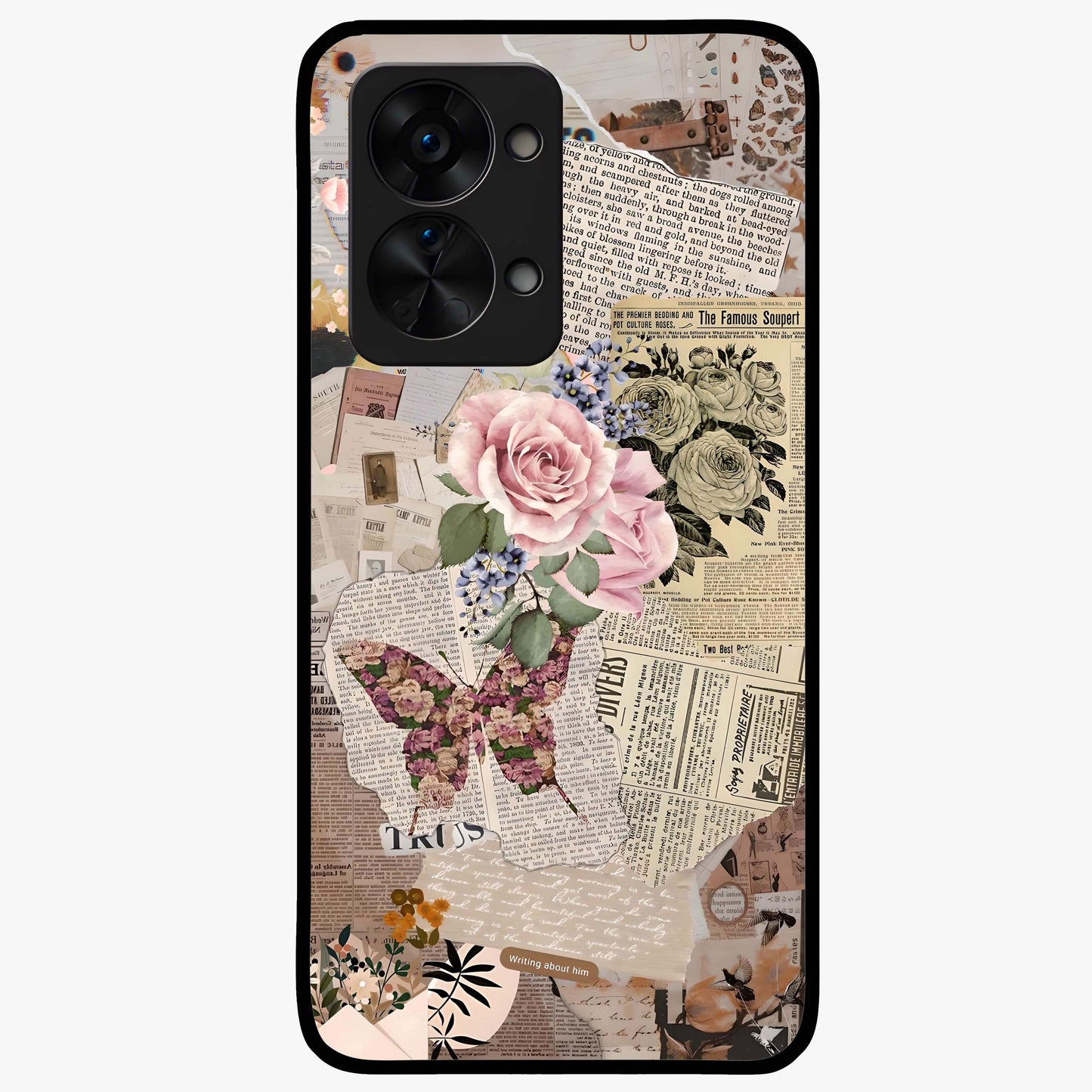 Butterfly News Bloom Glass Case for 1+Nord 2T artistic front view featuring blooming floral and butterfly themed artwork