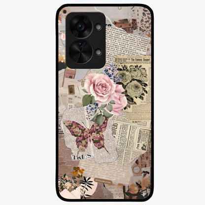 Butterfly News Bloom Glass Case for 1+Nord 2T artistic front view featuring blooming floral and butterfly themed artwork