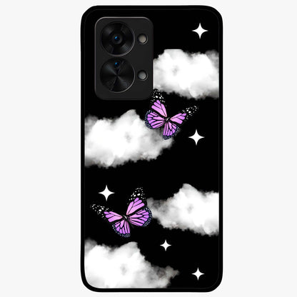 Butterfly Night Drift Glass Case for 1+Nord 2T dreamy front view featuring butterfly artwork with dark night inspired tones