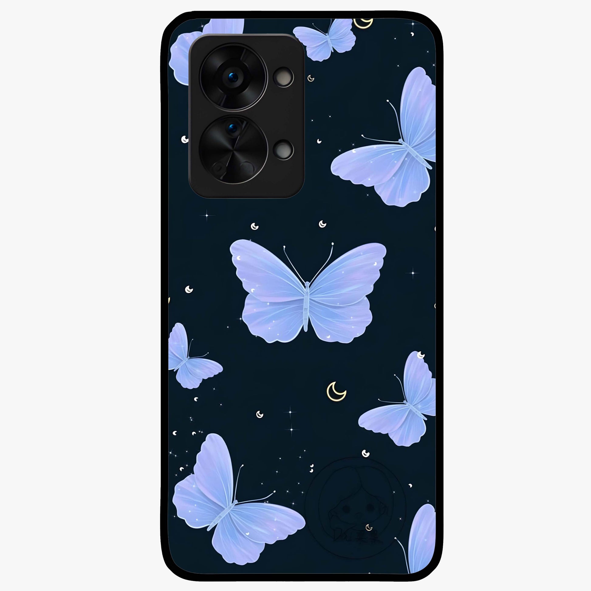 Butterfly With Stars Pattern Glass Case for 1+Nord 2T dreamy front view featuring butterfly artwork with star accents