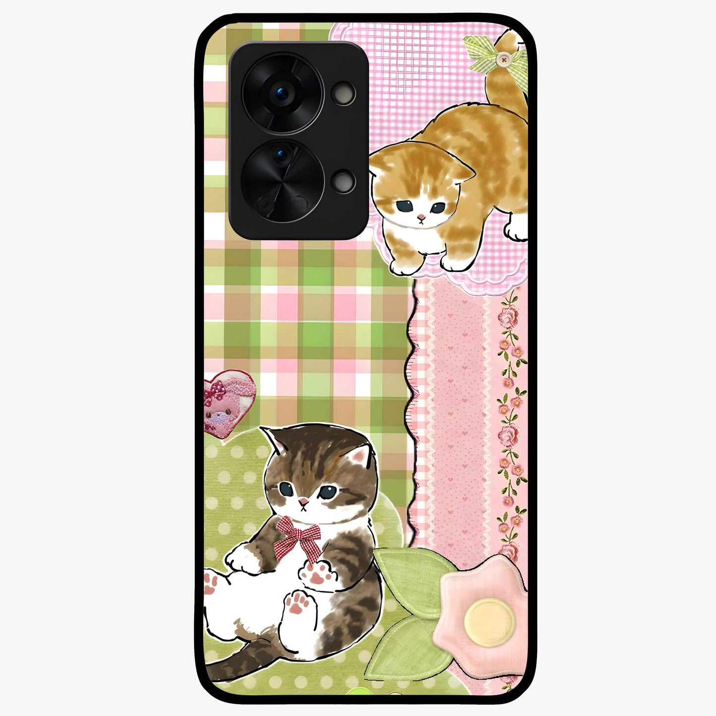 Cats Sweet Button Glass Case for 1+Nord 2T adorable front view featuring cute cat artwork with sweet pastel tones