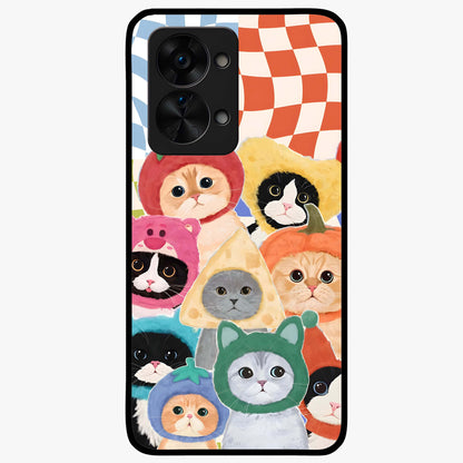 Cats in Fruits Glass Case for 1+Nord 2T playful front view featuring cute cat illustrations with vibrant fruit artwork