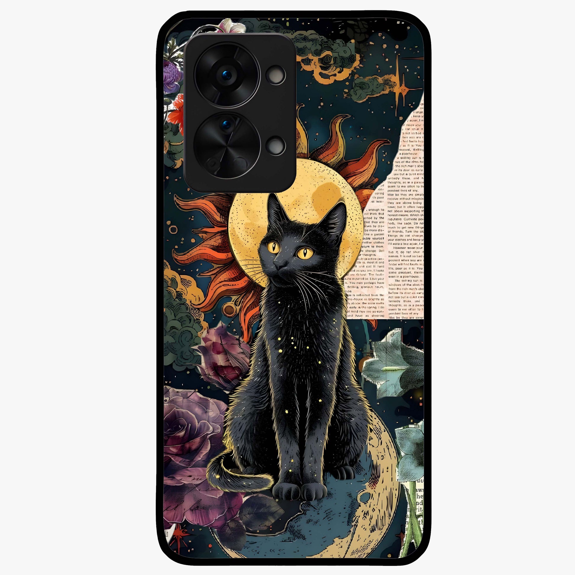 Celestial Black Cat Glass Case for 1+Nord 2T mystical front view featuring black cat artwork with cosmic background