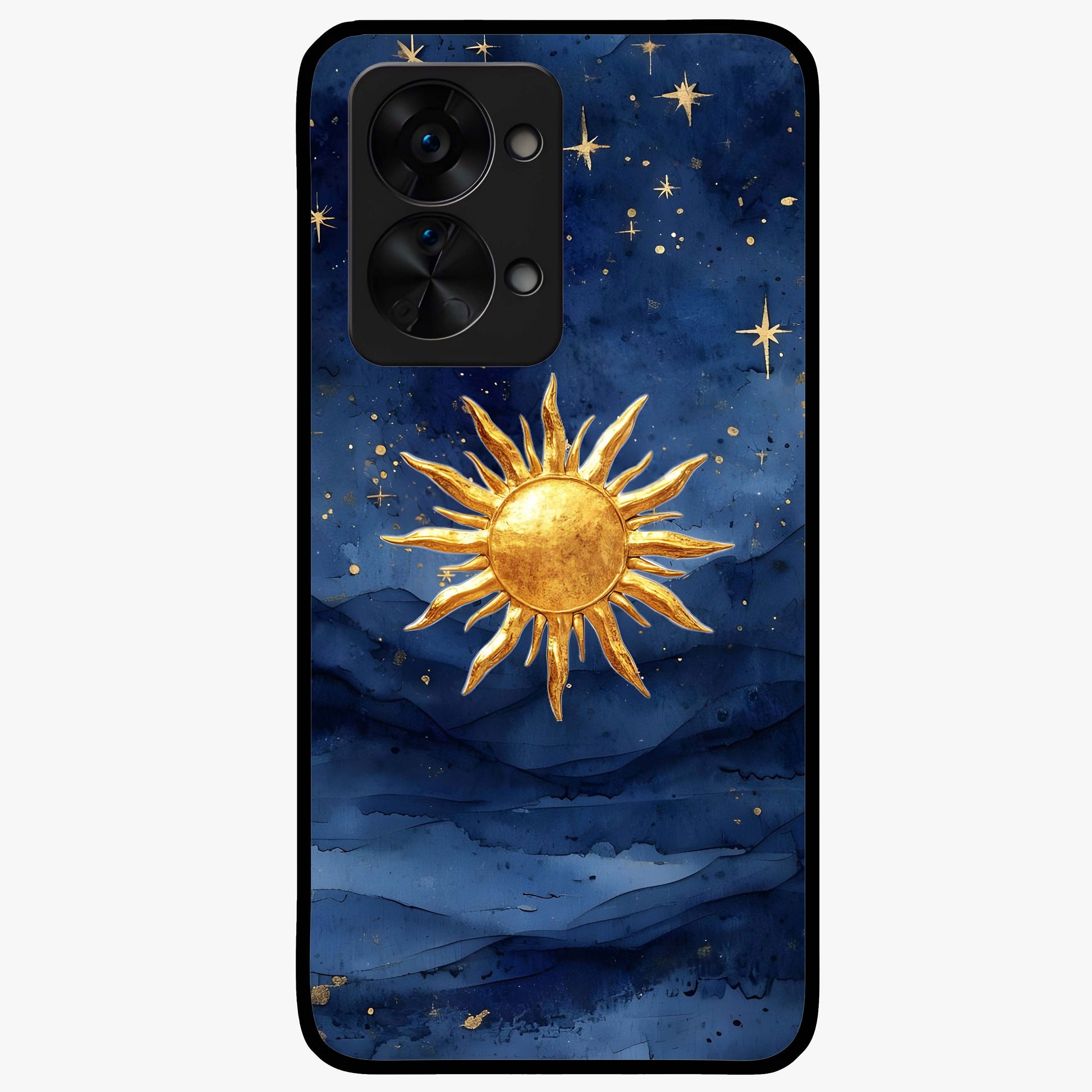 Celestial Blue Glow Glass Case for 1+Nord 2T radiant front view featuring glowing blue cosmic artwork