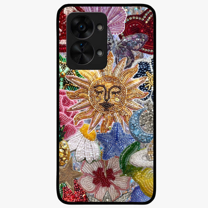 Celestial Floral and Playful Glass Case for 1+Nord 2T vibrant front view featuring floral artwork blended with cosmic elements