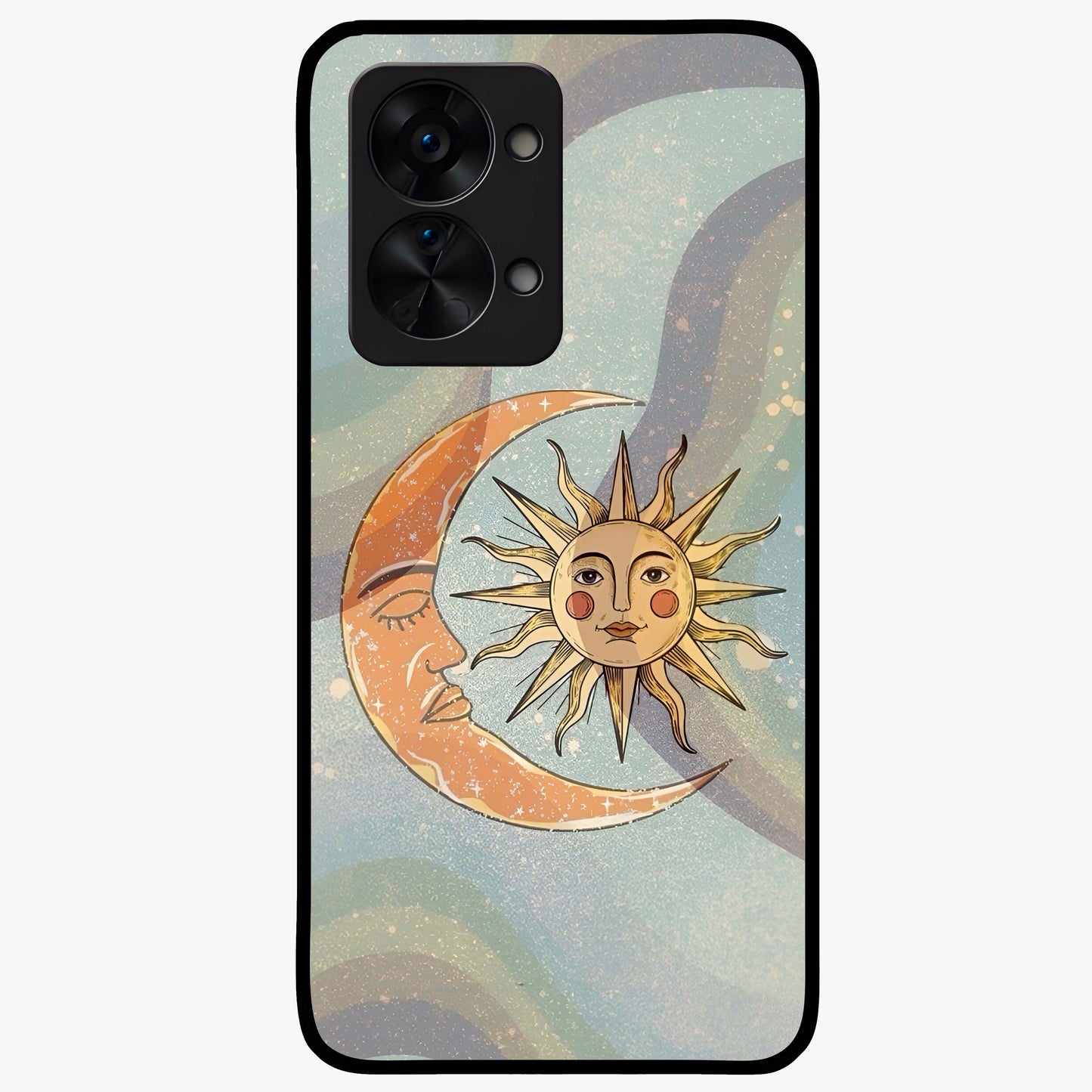 Celestial Harmony Vibes Glass Case for 1+Nord 2T serene front view featuring balanced cosmic artwork with calming tones