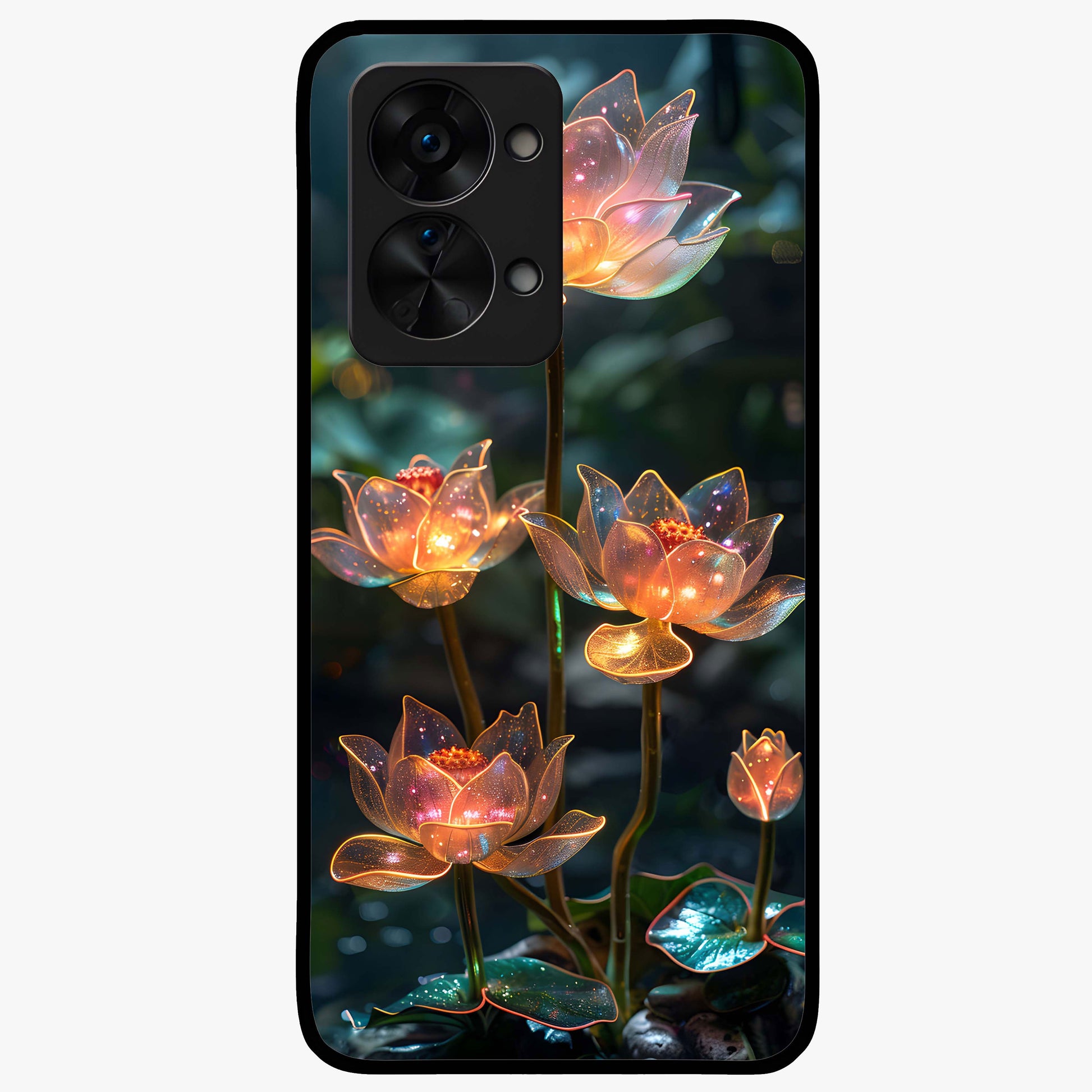 Celestial Lotus Light Glass Case for 1+Nord 2T peaceful front view featuring glowing lotus artwork with cosmic backdrop