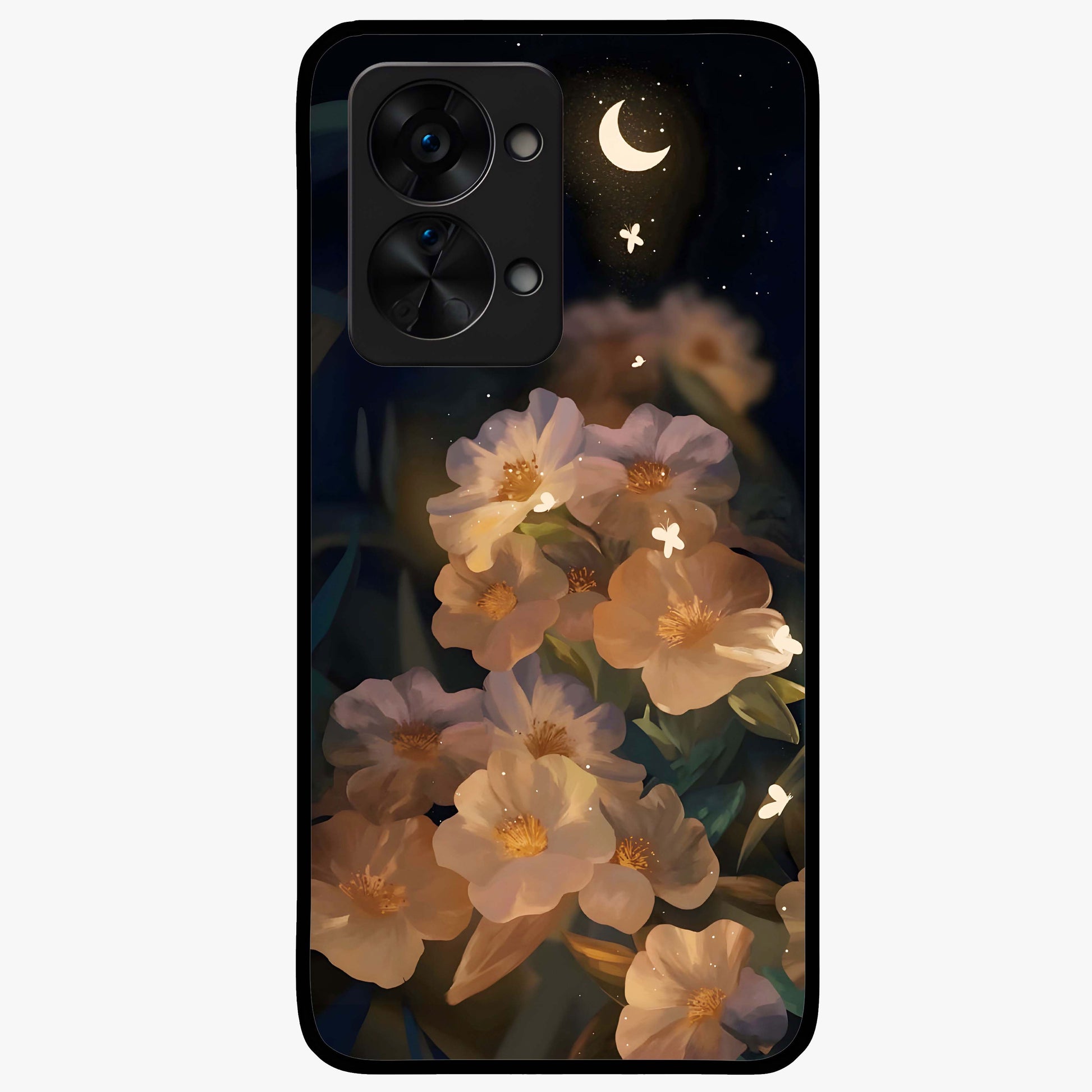 Celestial Petal Night Glass Case for 1+Nord 2T elegant front view featuring floral petals against dark night sky tones